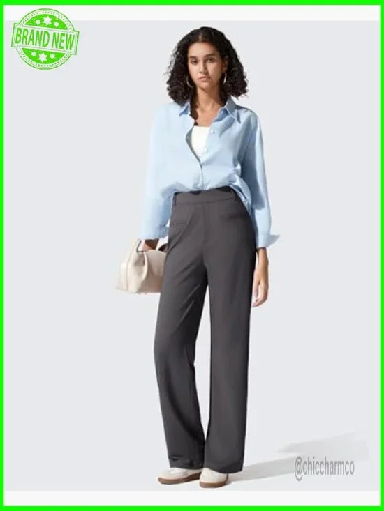 Straight Leg Work Pants with Pockets, High Rise, Stretch Fabric - Picture 6 of 7